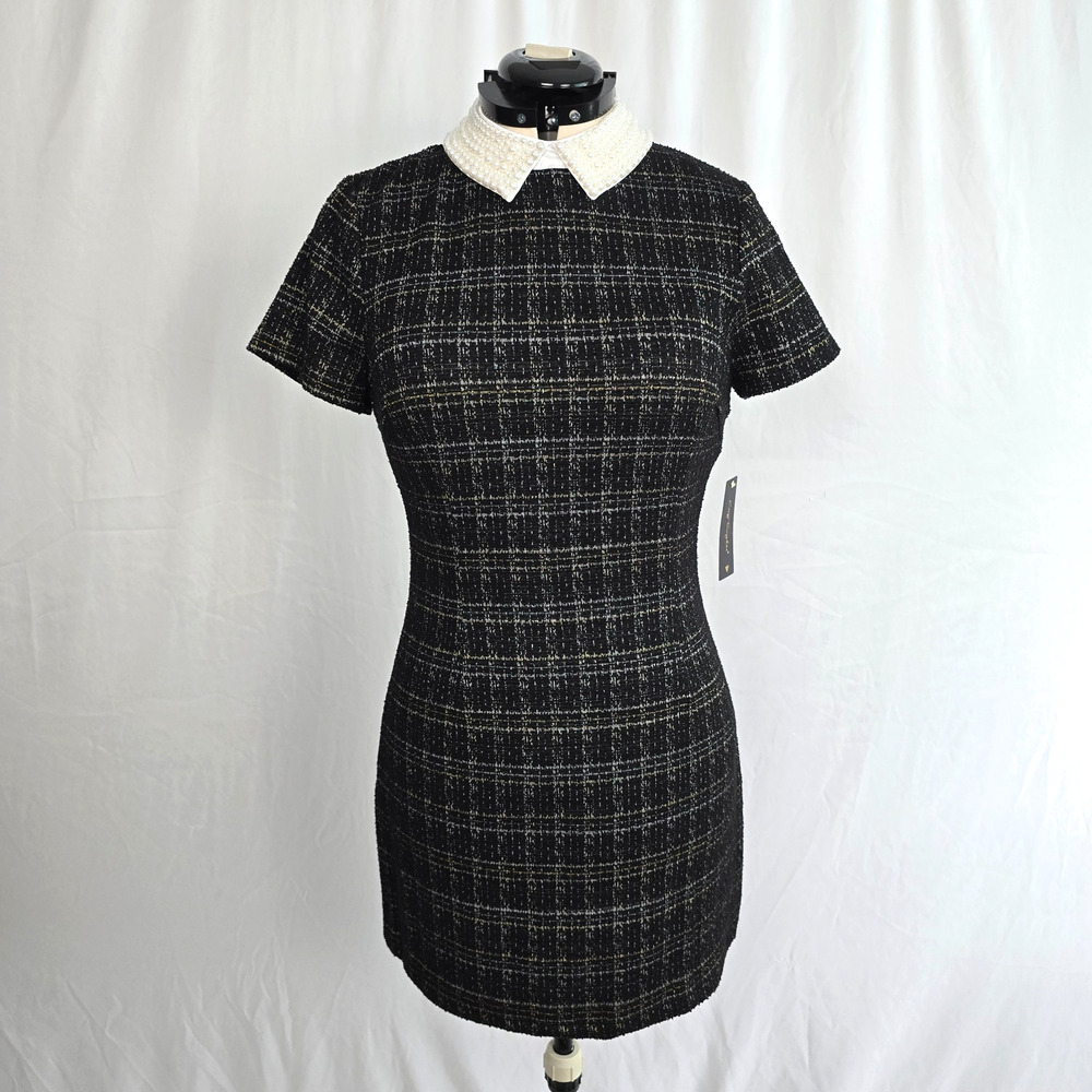 City Triangles Tweed Dress Women's L Black Gold Geo Faux Pearl Collar Mini NWT